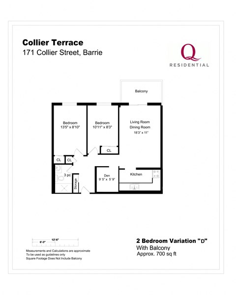 Floor plan for 2 beds, 1 bath, 700 sqft